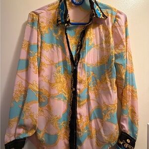 Fashion Nova Baroque Print Shirt in Pink and Gold